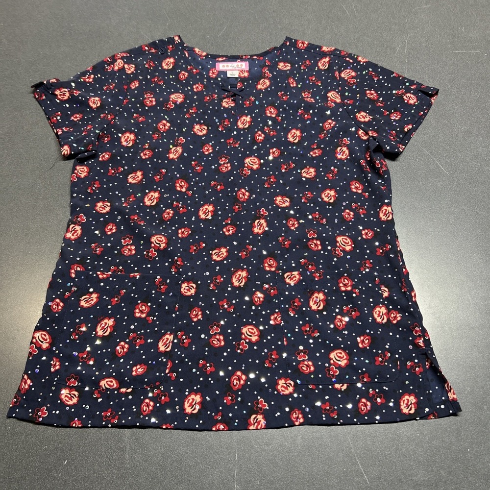Koi lite Womens Scrub Top L Slit Pockets Mesh- Like Fabric Navy Blue Red Floral